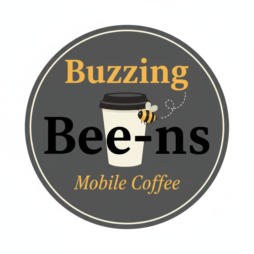 A professional coffee brand logo matching the van branding of "Buzzing Bee-ns Mobile Coffee". Dark charcoal grey circular badge background. Bold serif font for "Buzzing" in amber/golden yellow at the top. Below it "Bee-ns" in large bold black serif. Below that "Mobile Coffee" in amber golden yellow italic script font. In the centre, a takeaway coffee cup icon in cream/white with a small cartoon bumblebee on it (black and yellow stripes, small wings). A small dotted curved flight path line around the bee. Clean, professional, badge/emblem style logo. Transparent or white background outside the badge. No extra text or elements.